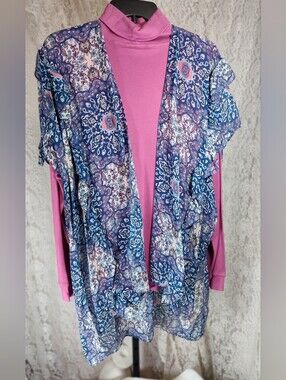 Est C 1946 Blue Pink Print Kimono Ruffle Sleeve Top